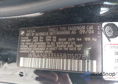 2005 BMW 545I из США, поврежденный, VIN WBANB33555B115078